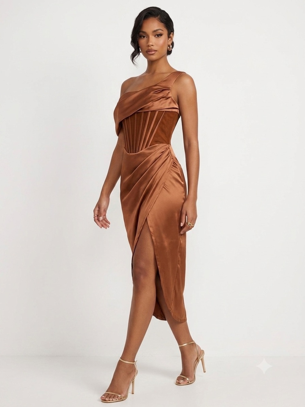 Satin One-Shoulder Midi Dress in Copper Brown